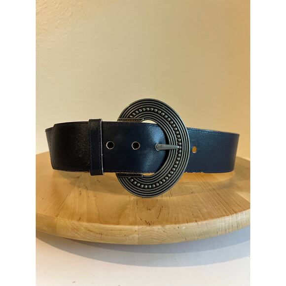 Vintage Chunky Silver Buckle Midnight Blue Leather Wide Belt Size Small main image 6